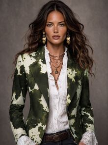 Solivie 女款缺口領花卉圖案收腰西裝外套 - 軍綠色 - 查看 4