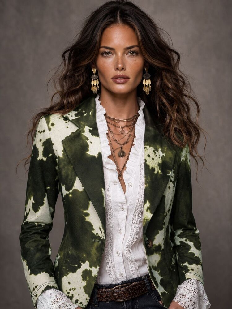 Solivie Women's Notch Lapel Floral Pattern Cinched Waist Blazer - Army Green - View 4