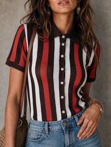 Solivie 女款條紋短袖單排扣休閒波西米亞風針織開襟衫，日常約會穿搭，棕色，夏季 - 彩色 - 查看 6