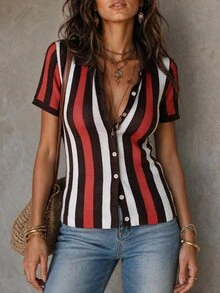Solivie 女款條紋短袖單排扣休閒波西米亞風針織開襟衫，日常約會穿搭，棕色，夏季 - 彩色 - 查看 3