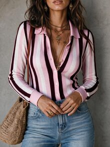 Solivie 女款秋季毛衣上衣，粉色與白色條紋 Polo 領毛衣上衣，適合休閒復古日常穿著約會 - 彩色 - 查看 9
