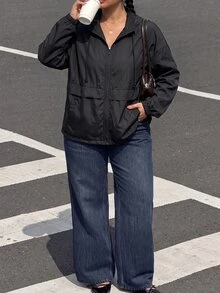 Muchica 大码女式黑色休闲长袖拉链连帽外套 - 黑色 - 查看 8