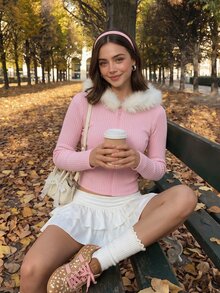 Comfortcana 女款連帽人造毛領收腰粉色線條夾克，可愛約會日常居家穿搭冬裝 - 粉色 - 查看 4
