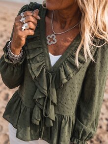 Omancia 女款浪漫波西米亞風軍綠色提花V領多層荷葉邊長袖襯衫，泡泡袖毛邊下擺娃娃上衣，休閒街頭風，秋季 - 軍綠色 - 查看 4