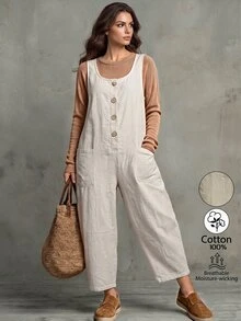 Omancia 女士休闲宽松无袖连体裤 - 杏色 - 查看 1