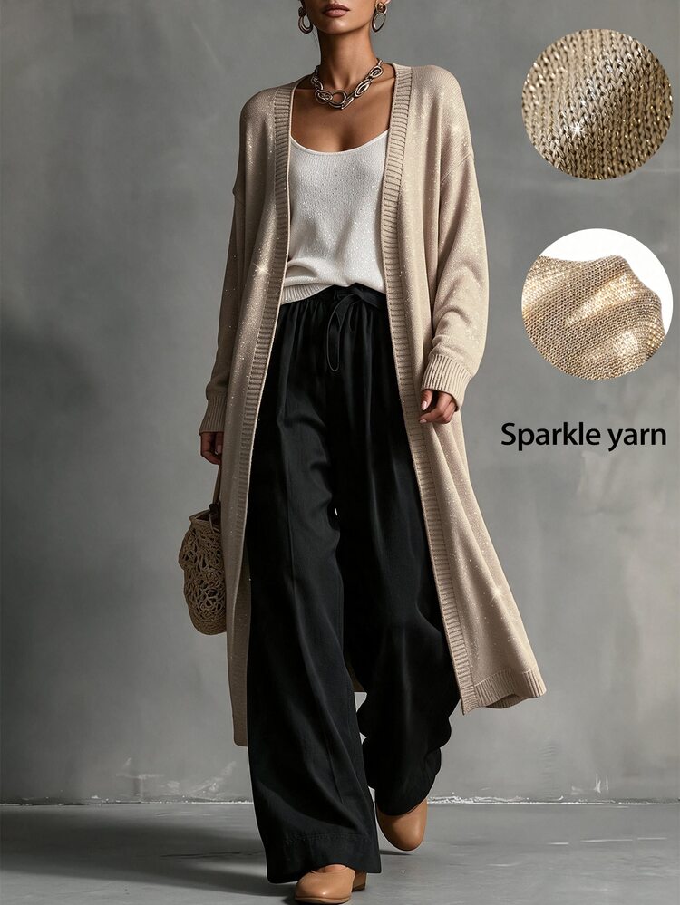Omancia Solid Open Front Longline Lightweight Cardigan - Apricot - View 3