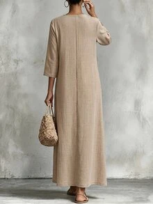 Omancia Women's Casual Linen-Like Color Button Decor Round Neck 3/4 Sleeve Loose Dress, Comfortable For Spring & Summer - Khaki - View 2