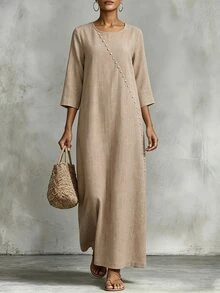 Omancia Women's Casual Linen-Like Color Button Decor Round Neck 3/4 Sleeve Loose Dress, Comfortable For Spring & Summer - Khaki - View 3