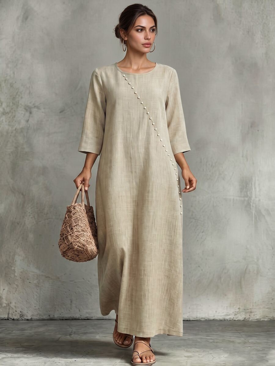 Omancia Women's Casual Linen-Like Color Button Decor Round Neck 3/4 Sleeve Loose Dress, Comfortable For Spring & Summer - Khaki - View 1