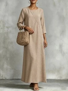 Omancia Women's Casual Linen-Like Color Button Decor Round Neck 3/4 Sleeve Loose Dress, Comfortable For Spring & Summer - Khaki - View 4