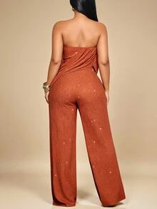 KIORVELLA Plus Size Elegant Party Formal Night Strapless Ruched Draped Wide Leg Jumpsuit High Elastic Textured Shiny Fashion Commute Halloween Brown Summer - Rust Brown - View 5