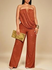 KIORVELLA Plus Size Elegant Party Formal Night Strapless Ruched Draped Wide Leg Jumpsuit High Elastic Textured Shiny Fashion Commute Halloween Brown Summer - Rust Brown - View 7
