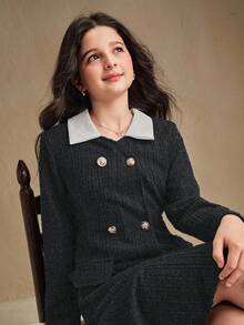 SHEIN 少女撞色翻领长袖双排扣荷叶边羊毛混纺外套 - 黑色 - 查看 5