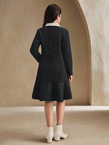 SHEIN 少女撞色翻领长袖双排扣荷叶边羊毛混纺外套 - 黑色 - 查看 4