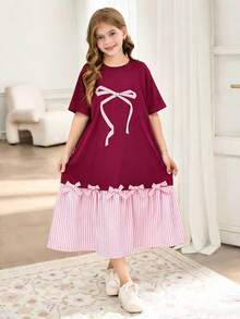 SHEIN Tween Girls' Fuchsia Pink Summer Cute Family Matching Dress, Outfit - Hot Pink - View 5