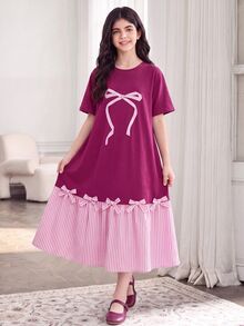 SHEIN Tween Girls' Fuchsia Pink Summer Cute Family Matching Dress, Outfit - Hot Pink - View 3