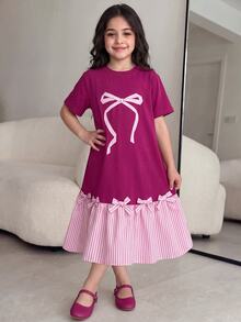 SHEIN Tween Girls' Fuchsia Pink Summer Cute Family Matching Dress, Outfit - Hot Pink - View 2