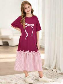 SHEIN Tween Girls' Fuchsia Pink Summer Cute Family Matching Dress, Outfit - Hot Pink - View 7