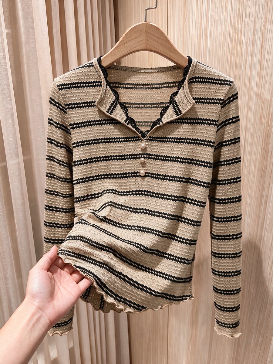 Rusticease Elegant Women's Blouses Winter Fall Clothes Women's Beige Button Design Long Sleeve Casual French Top Office Brunch Work Tops Vintage Chic - Multicolor - View 1