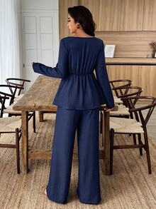 Elouméa Plus Size Women's Square Neck Ruffle Hem 3D Flower Decor Pants Set, 2 Pieces, Fall/ Brunch Tea Party Elegant Casual - Navy Blue - View 2