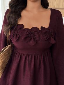 Elouméa 2pcs Plus Size Women Floral Decor Square Neck Ruffle Hem Pants Set, Autumn/Winter - Burgundy - View 5
