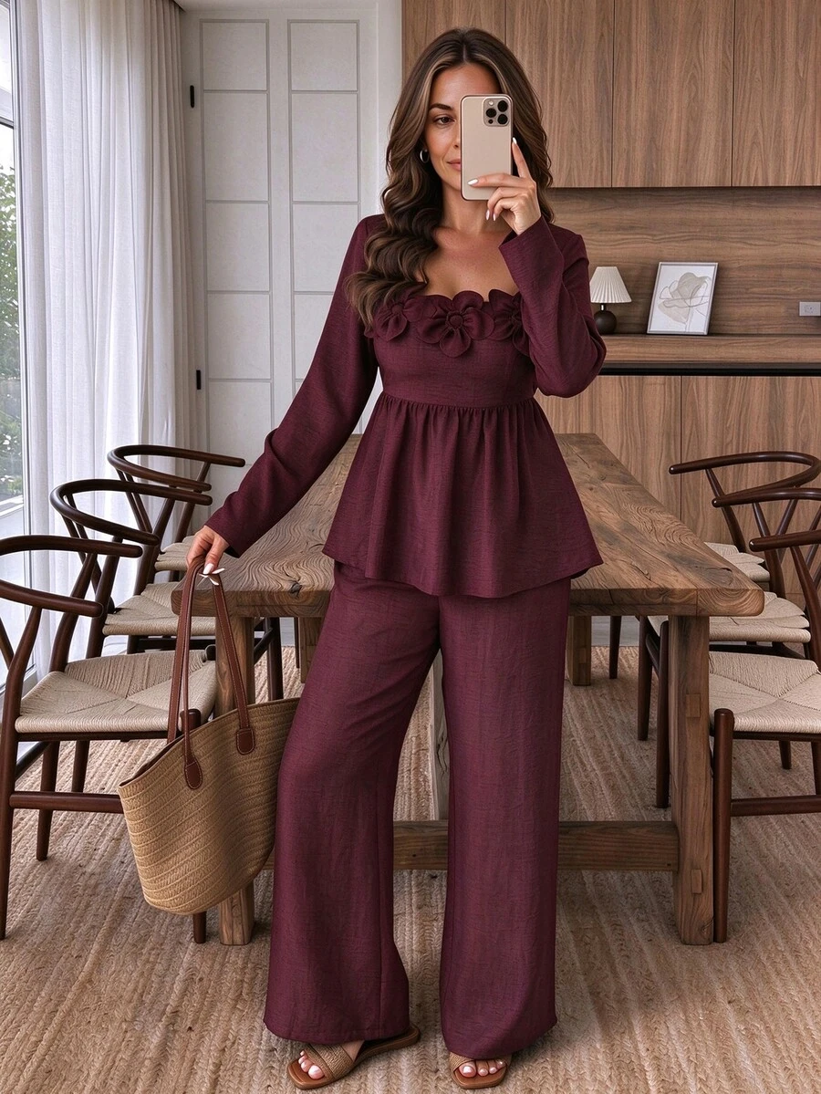 Elouméa 2pcs Plus Size Women Floral Decor Square Neck Ruffle Hem Pants Set, Autumn/Winter - Burgundy - View 1