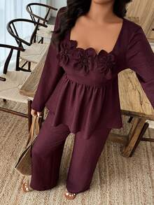 Elouméa 2pcs Plus Size Women Floral Decor Square Neck Ruffle Hem Pants Set, Autumn/Winter - Burgundy - View 7