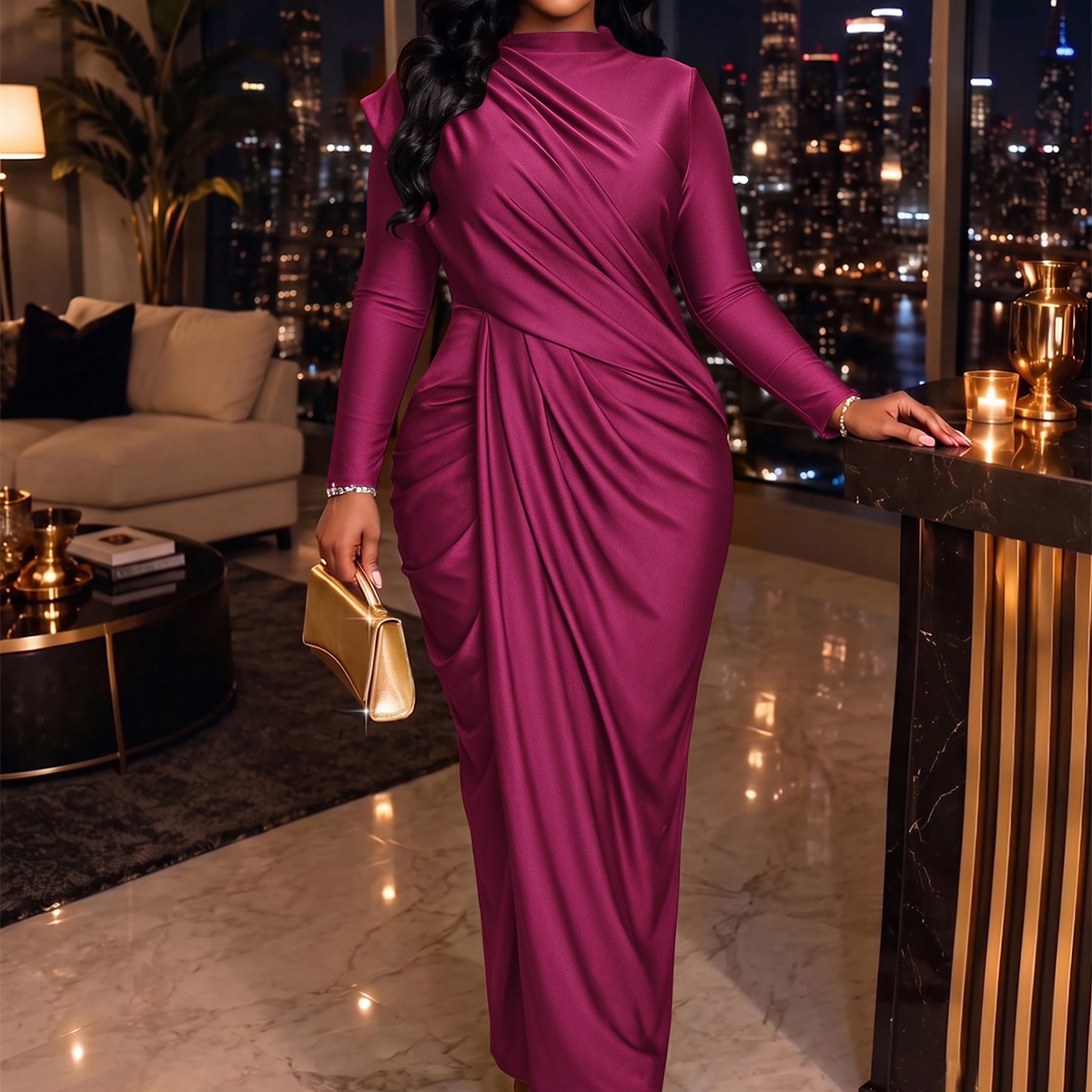 Plus Size Women's Solid Color Ruched Elegant Waist-Cinching Party Dress Fall