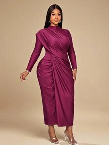 SOLERSUN Plus Size Women's Solid Color Ruched Elegant Waist-Cinching Party Dress Fall - Burgundy - View 4