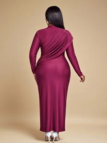 SOLERSUN Plus Size Women's Solid Color Ruched Elegant Waist-Cinching Party Dress Fall - Burgundy - View 5