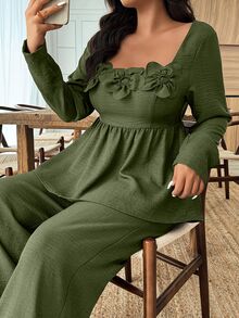 Elouméa Plus Size Women's Square Neck Ruffle Hem 3D Floral Decor Pants Set, 2 Pieces, Autumn/Winter - Army Green - View 4