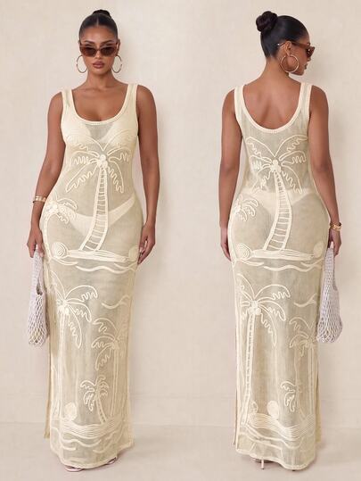 Sirith Women's Long Dress New Solid Color Elegant Sexy Vacation Beach Cover-Up Hollow Lace Knit Swimsuit
