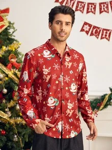 HIMLAND 長袖領口紅色聖誕襯衫，加厚情侶套裝，2026秋冬 [不含嬰兒與兒童] 萬聖節 聖誕節 冬季 派對 秋季 - 酒紅色 - 查看 9