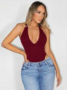 Sirith Women's Solid Color Fitted Versatile Daily Wear Halter Neck Bodysuit Night Club Summer Sexy Going Out Night Out - Burgundy - View 5