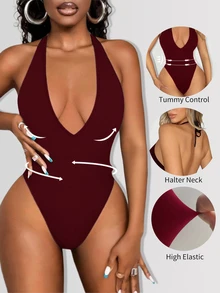 Sirith Women's Solid Color Fitted Versatile Daily Wear Halter Neck Bodysuit Night Club Summer Sexy Going Out Night Out - Burgundy - View 15