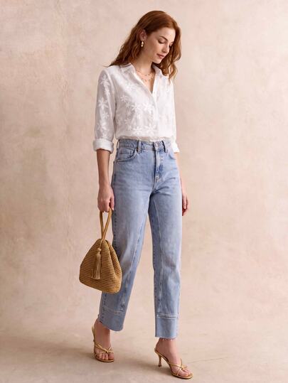 SHEIN Women's White Floral Embroidered Semi-Sheer Fabric Polo Collar 3/4 Sleeve Blouse, Suitable For Daily Commute, Daily Elegant, Daily Casual Fashion, Casual Vacation, Business Meeting, Spring And Autumn Season Versatile Blouse