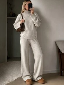 EURMUSE Women Relaxed Fit Turtle-Neck Sweater With Rib Knit Detailed And Straight Knit Pant Set Petite Lounge Light Grey Fall Casual Everyday Homewear - Beige - View 2
