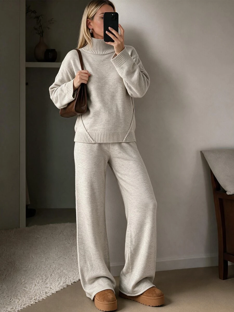 EURMUSE Women Relaxed Fit Turtle-Neck Sweater With Rib Knit Detailed And Straight Knit Pant Set Petite Lounge Light Grey Fall Casual Everyday Homewear