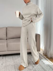 EURMUSE Women Relaxed Fit Turtle-Neck Sweater With Rib Knit Detailed And Straight Knit Pant Set Petite Lounge Light Grey Fall Casual Everyday Homewear - Beige - View 5