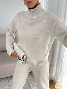 EURMUSE Women Relaxed Fit Turtle-Neck Sweater With Rib Knit Detailed And Straight Knit Pant Set Petite Lounge Light Grey Fall Casual Everyday Homewear - Beige - View 6