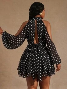 Radiana 大尺碼女款性感優雅浪漫可愛黑白波點印花迷你洋裝，長袖露肩燈籠袖露背洋裝，荷葉邊下擺A字裙，約會派對優雅休閒生日洋裝，迷人性感秋季穿搭 - 彩色 - 查看 2