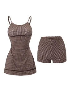 Sirith 2pcs/Set Printed Spaghetti Strap Round Neck + Leggings Casual Sports Dress - Multicolor - View 2