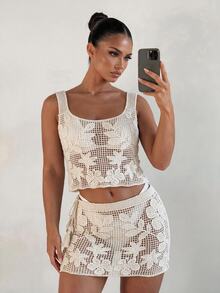 Sirith Women's Summer Solid Color New Hollow Crochet Beach Cover-Up, Regular Fit - Apricot - View 3