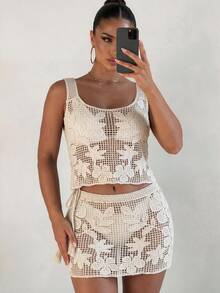 Sirith Women's Summer Solid Color New Hollow Crochet Beach Cover-Up, Regular Fit - Apricot - View 9