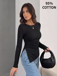 SHEIN LUNE Solid Rib-Knit Ruched Waist Split Hem Tee Everyday Day Time Work Black Fall Casual Form-Fitting Basic Base Layer - Black - View 1