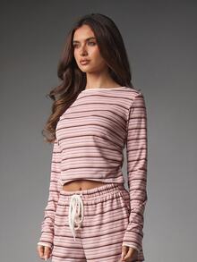 MISSGUIDED Striped Boat Neck Long Sleeve Crop Top And Wide Leg Drawstring Casual Pants Co-Ord Lounge Set - Multicolor - View 3