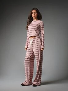 MISSGUIDED Striped Boat Neck Long Sleeve Crop Top And Wide Leg Drawstring Casual Pants Co-Ord Lounge Set - Multicolor - View 5