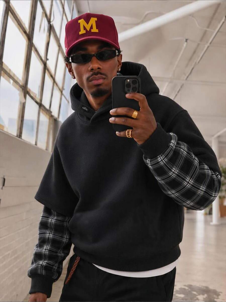 Mainfolk Men's Casual Loose Fit Pullover Hoodie Sweatshirt, Spring/Autumn, Standard Size, Black, Solid Color With 2 In 1 Design - Black - View 1