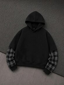 Mainfolk Men's Casual Loose Fit Pullover Hoodie Sweatshirt, Spring/Autumn, Standard Size, Black, Solid Color With 2 In 1 Design - Black - View 2