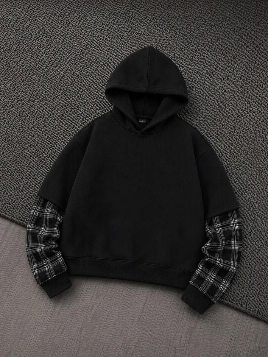 Mainfolk Men's Casual Loose Fit Pullover Hoodie Sweatshirt, Spring/Autumn, Standard Size, Black, Solid Color With 2 In 1 Design - Black - View 1